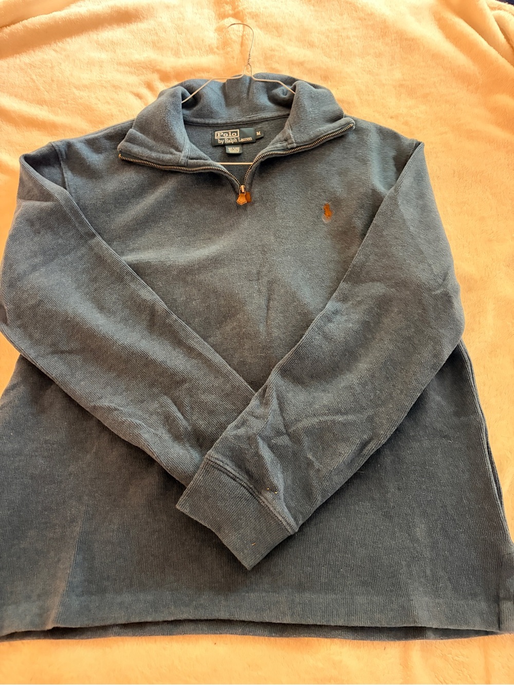 Ralph Lauren Men's Zip Mock Pullover Sweater - Slate Blue with Tan Pony